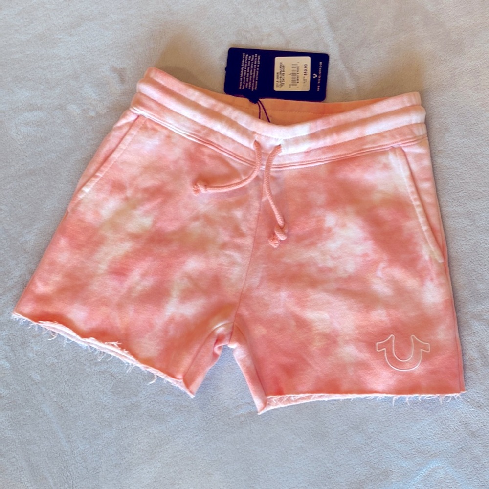 Girls size L, True Religion fleece shorts. Beautiful pinkish coral tie-dye color